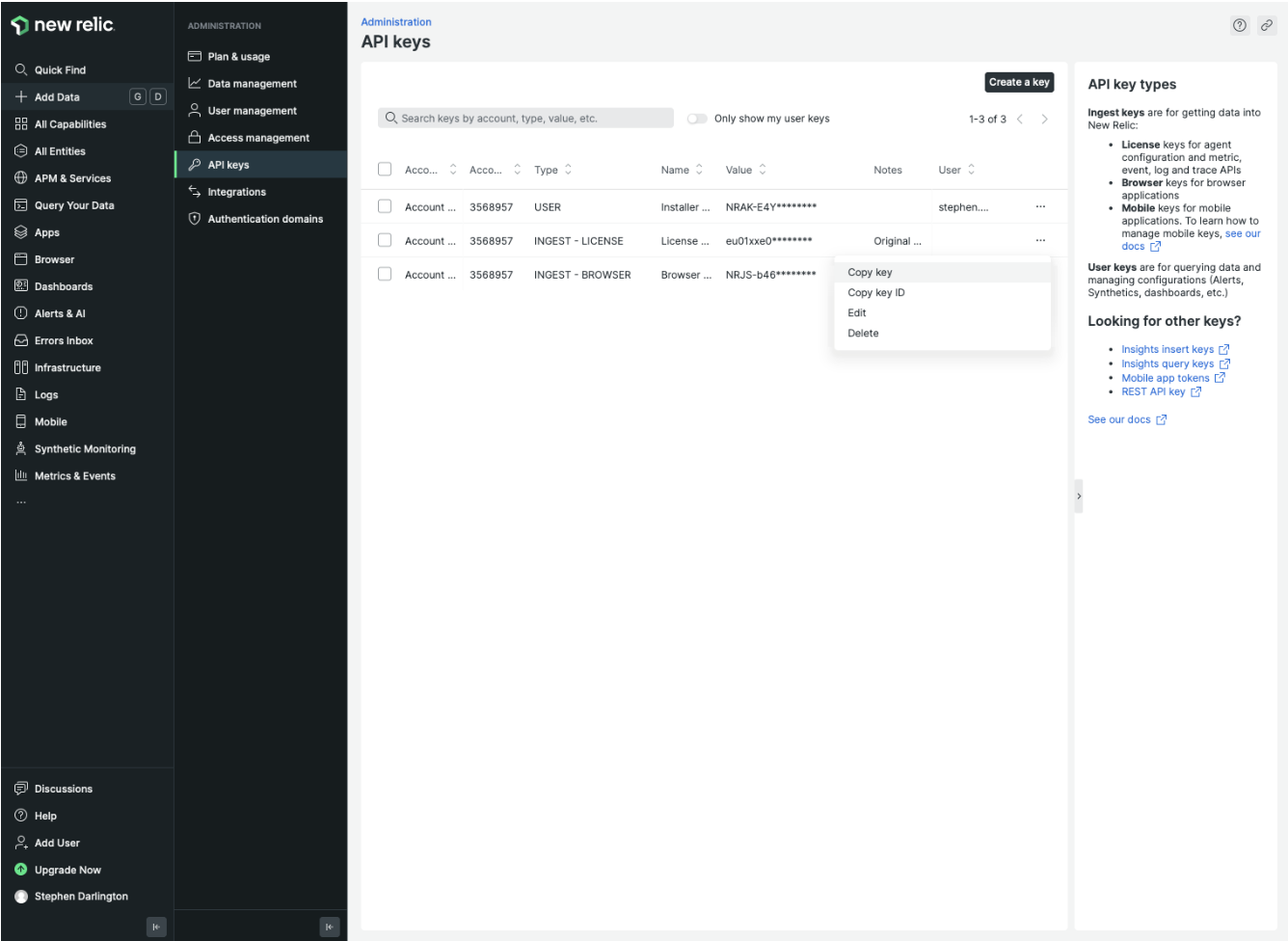 New Relic account details