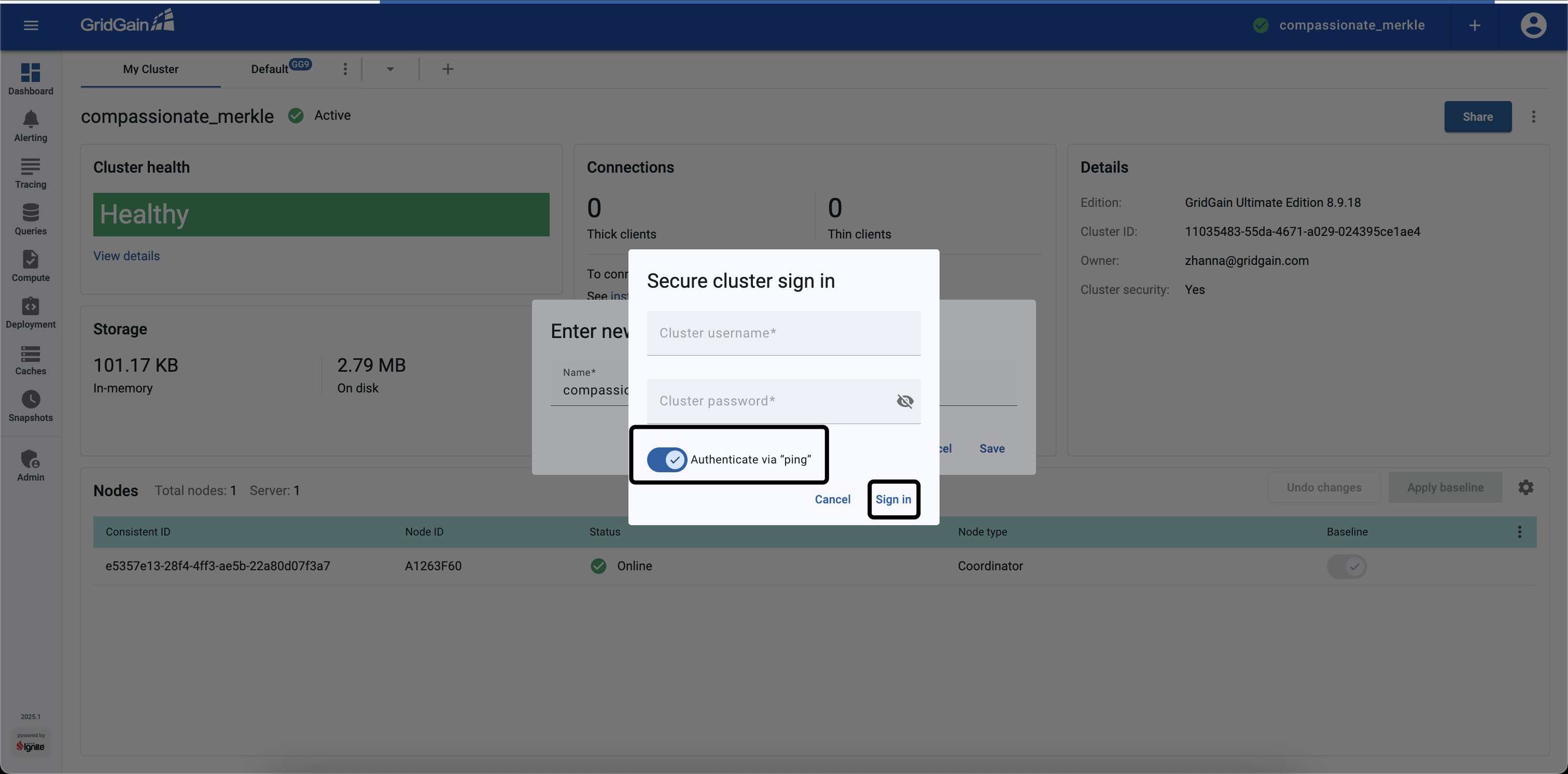 Secure cluster sign in dialog