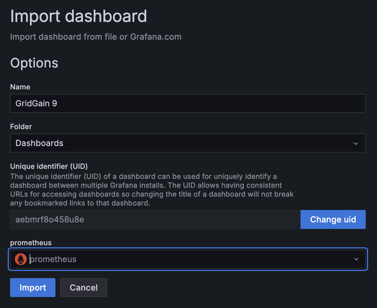 Import dashboard in Grafana