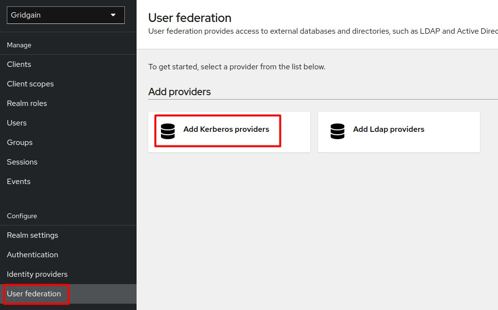 Select the gridgain realm and open User Federation