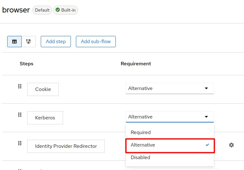 Add Kerberos as an alternative step to the Browser flow
