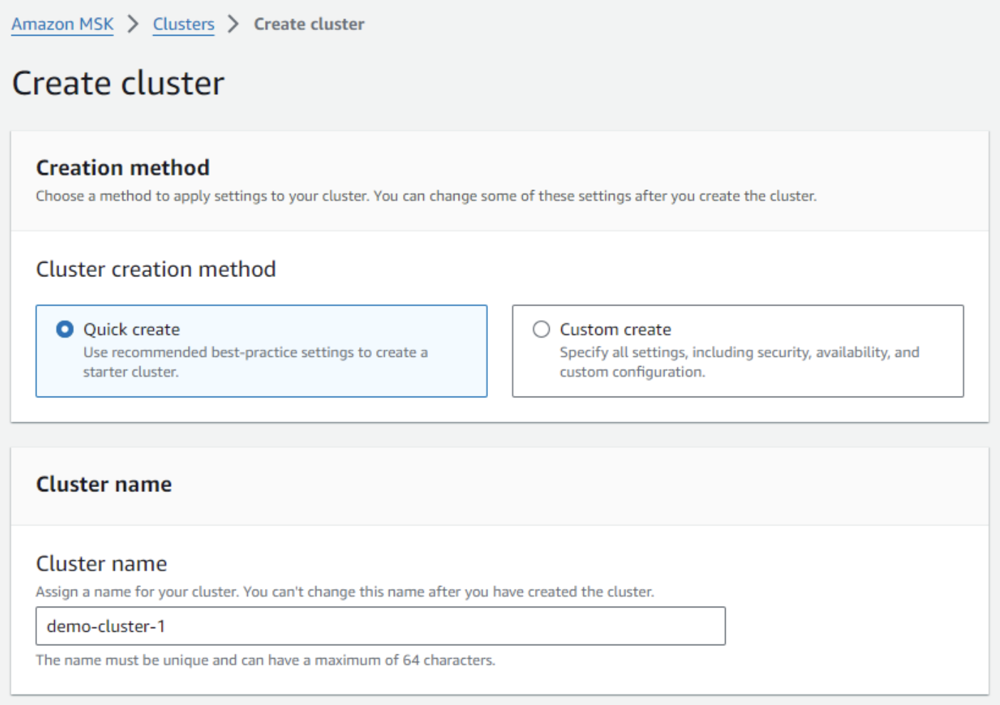 Create cluster in the Amazon MSK Console
